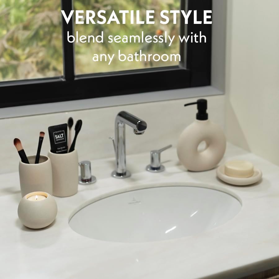 Ceramic Bathroom Accessory Set, 5 Pcs - Soap Dispenser 16 Oz, Toothbrush Cup, Toothbrush Holder, Soap Dish, Candle Holder - Beige, Boho Bathroom Sink Decor, Modern Countertop Accessories - Image 6