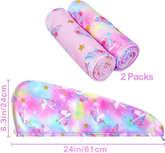 FIOBEE Microfiber Hair Towel Wrap for Kids Rapid Drying Turbans for Wet Hair with Button Women & Girls Long, Curly Hair Pack of 2, Pink