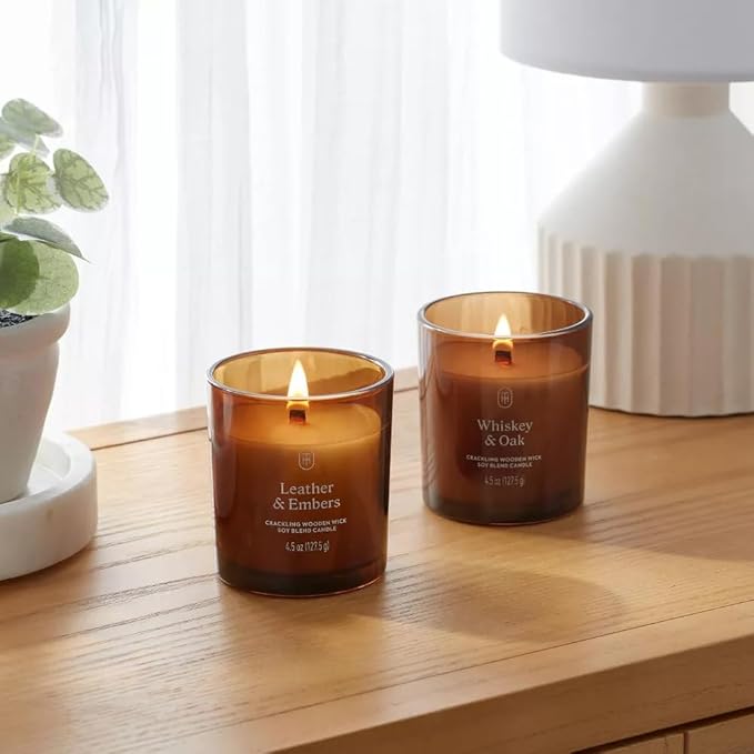 Threshold Leather & Embers and Whiskey & Oak Scented Amber Glass Jar Candles, 4.5 oz, Set of 2