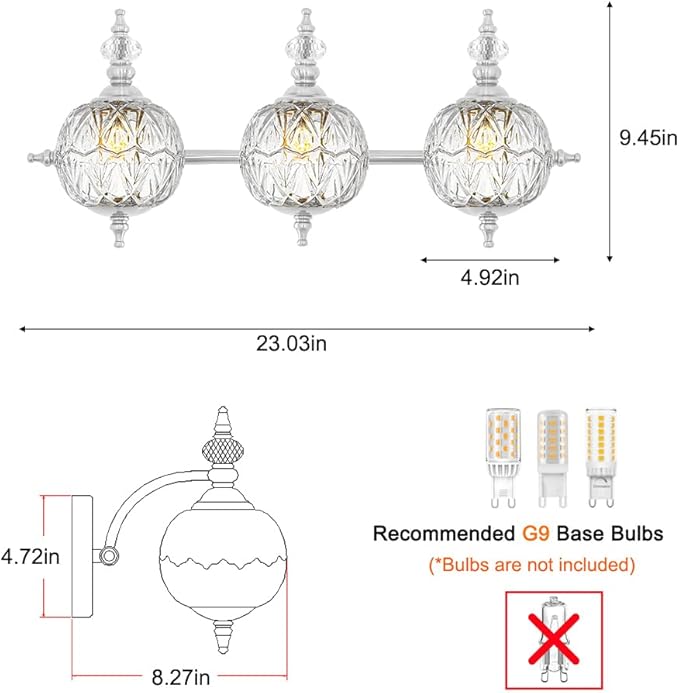 Brushed Nickel Bathroom Vanity Light Fixture Vintage Style - 3 Light G9 Bulb Compatible, 23" Wide Bathroom Lighting Over Mirror with Hand-Etched Glass Shades, Easy Mount for Makeup Area