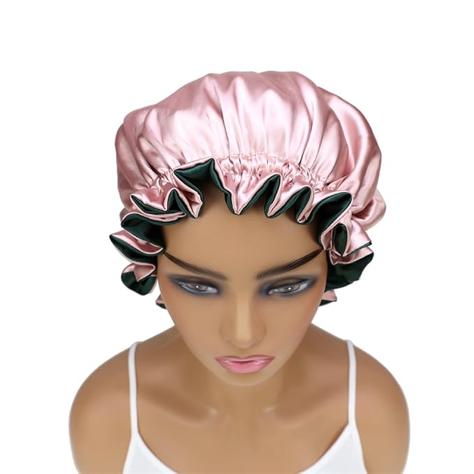 Adjustable Silk Satin Bonnet Hair Care Caps for Women Girls Loose-fitting Reversible Sleeping Cap Shower Caps Hair Wrap Bonnets (003 Spruce/Blush)