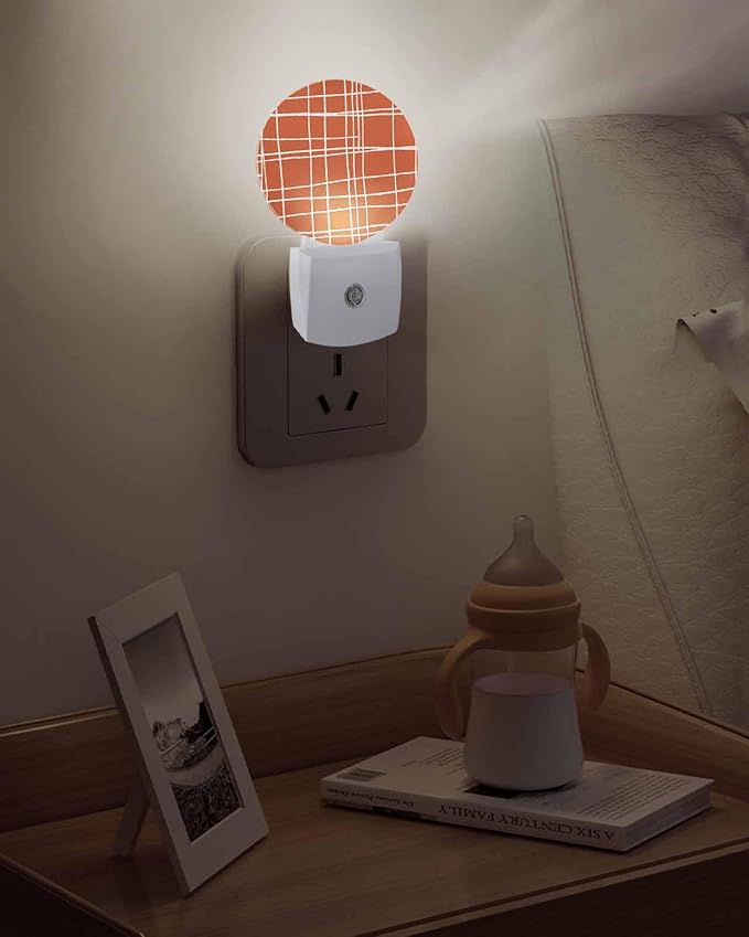 Night Lights Auto Sensor Orange Checked Plaid Night Light Minimalist Grid Lines Round Lamp Plug-in LED Nightlights Dusk to Dawn for Living Room Bedroom Bathroom Hallway Wall Decor