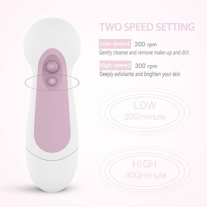 Waterproof Facial Cleansing Spin Brush Set with 5 Exfoliating Brush Heads - Electric Face Scrubber Cleanser Brush by CLSEVXY - Face Brush for Gentle Exfoliation and Deep Scrubbing