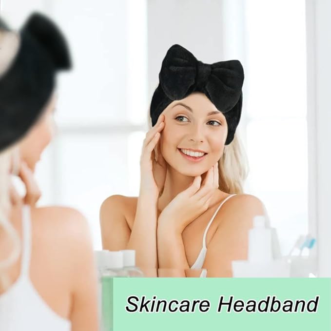 Shintop Spa Headband, Soft Carol Fleece Makeup Headband with Cute Bow Elastic Hairband for Washing Face Skincare Facial Mask Showers（Black）