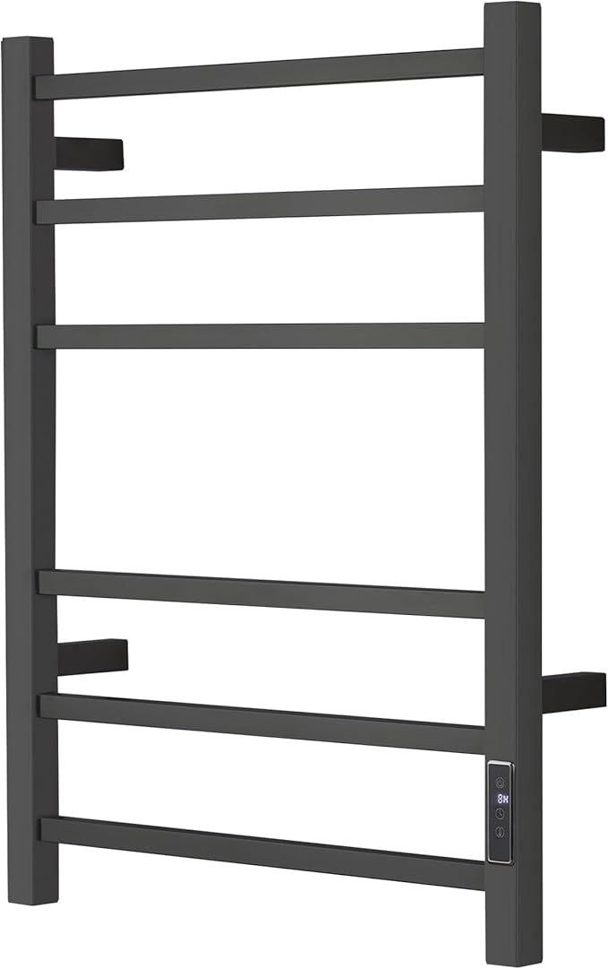 Electric Heated Towel Warmer - Wall Mounted Bathroom Towel Rack, Plug-in Design & Brushed Stainless Steel Finish Black Timer & Temperature Control, 6 Bar