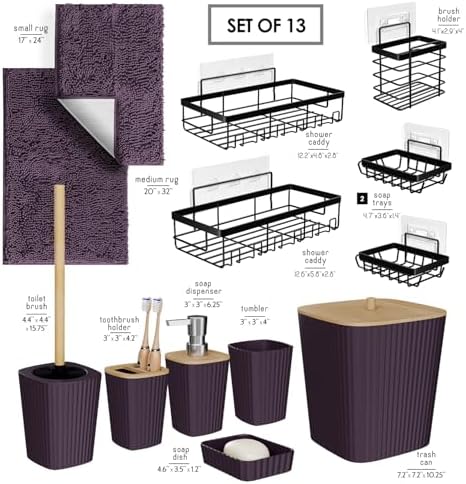 Clara Clark Bathroom Set - Purple Bathroom Accessories Set, 6PC Bathroom Accessory Set, Bathroom Sets with Bathroom Rugs, Adhesive Corner Shower Caddy Hanging, Toilet Brush, Trash Can & Soap Dispenser - Image 2