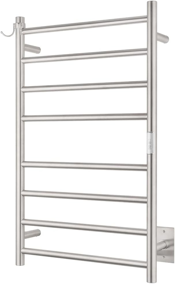 Wall Mounted Towel Warmer 8 Bars with Plug-in and Hardwired Options 3 Working Modes Brushed Stainless Steel 21” W 34” H
