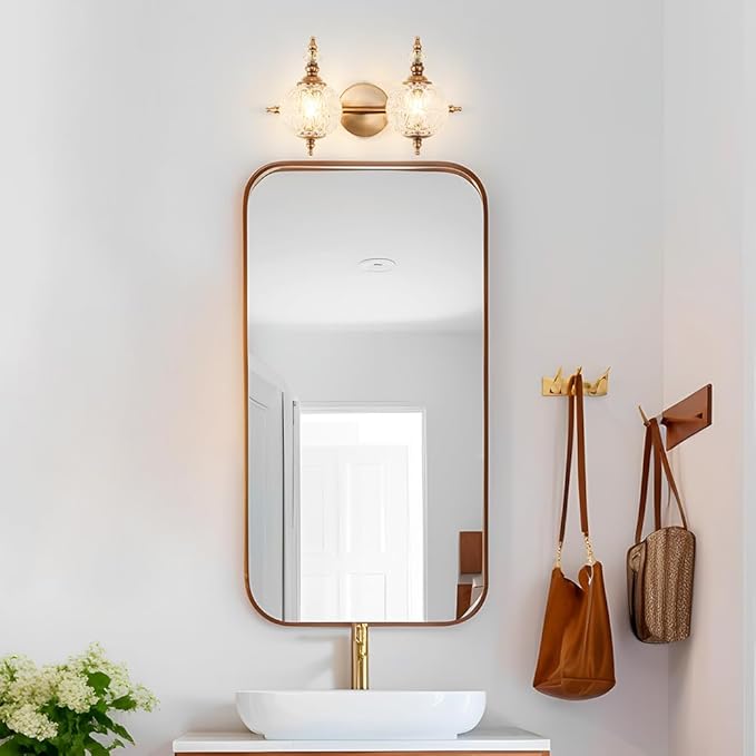 Brushed Antique Brass Bathroom Vanity Light Fixture Vintage Style - 2 Light G9 Bulb Compatible, 17" Wide Bathroom Lighting Over Mirror with Hand-Etched Glass Shades, Easy Mount for Makeup Area
