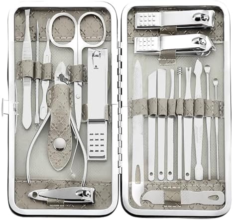 Manicure Set - 19 in 1 Professional Nail Clippers Pedicure Kit, Manicure Tool Kit, Stainless Steel Facial Grooming Set Kit, Gift Idea for Women, Men, Girls, Teens, Grey by Tranchou