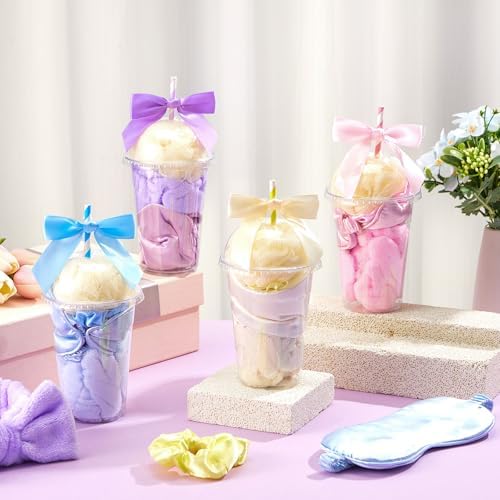 Nitial 56 Pcs Spa Party Supplies Including Spa Headband Sleep Eye Mask Velvet Scrunchies Bath Loofah Sponges Plastic Cup with Lids Straws for Sleepover Slumber Party Gift (Pink Purple Blue Yellow) - Image 5