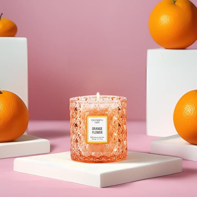 Chloefu LAN Orange Blossom Candle, Natural Soy Scented Candles for Stress Relief, Holiday Candle Gifts, 55 Hours Smokeless Long Lasting Burning, Great Gift for Women & Men