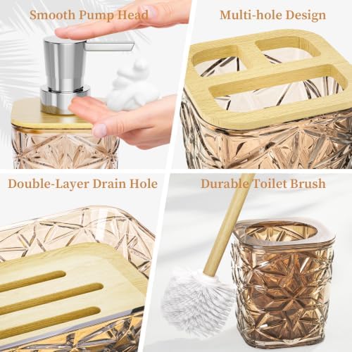 Bathroom Accessory Set, 9-Piece Brown Bathroom Set with Trash Can, Toilet Brush, Soap Dispenser, Soap Dish, Toothbrush Holder, Tumbler, Q-tip Holders & Tray, for Hotel/Apartment, Housewarming Gift - Image 5