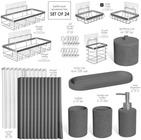 Clara Clark Bathroom Set - Grey Bathroom Accessories Set, 24PC Bathroom Accessory Set, Bathroom Sets with Shower Curtain Set, Adhesive Corner Shower Caddy Hanging & Soap Dispenser - Image 2