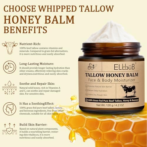 ELBBUB Whipped Tallow Cream for Face & Body - 100% Grass-Fed Beef Tallow, Natural Honey & Beeswax Moisturizer, Deep Hydration & Nourishment, Oil-Free & Unscented, Fast Absorbing - Image 2
