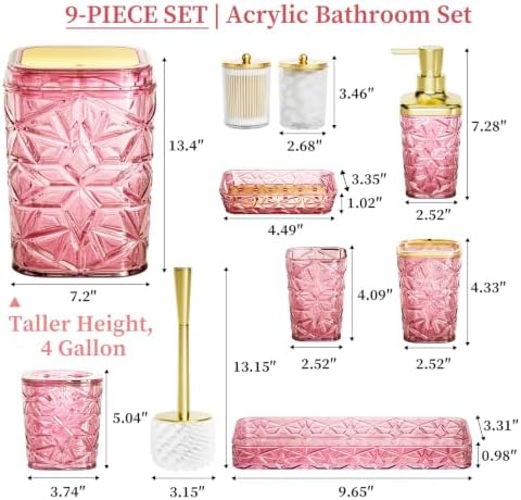 Bathroom Accessory Set, 9-Piece Pink Bathroom Set with Trash Can, Toilet Brush, Soap Dispenser, Soap Dish, Toothbrush Holder, Tumbler, Q-tip Holders & Tray, for Hotel/Apartment, Housewarming Gift - Image 7