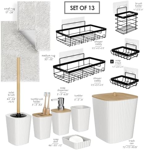 Clara Clark Bathroom Set - White Bathroom Accessories Set, 6PC Bathroom Accessory Set, Bathroom Sets with Bathroom Rugs, Adhesive Corner Shower Caddy Hanging, Toilet Brush, Trash Can & Soap Dispenser - Image 2