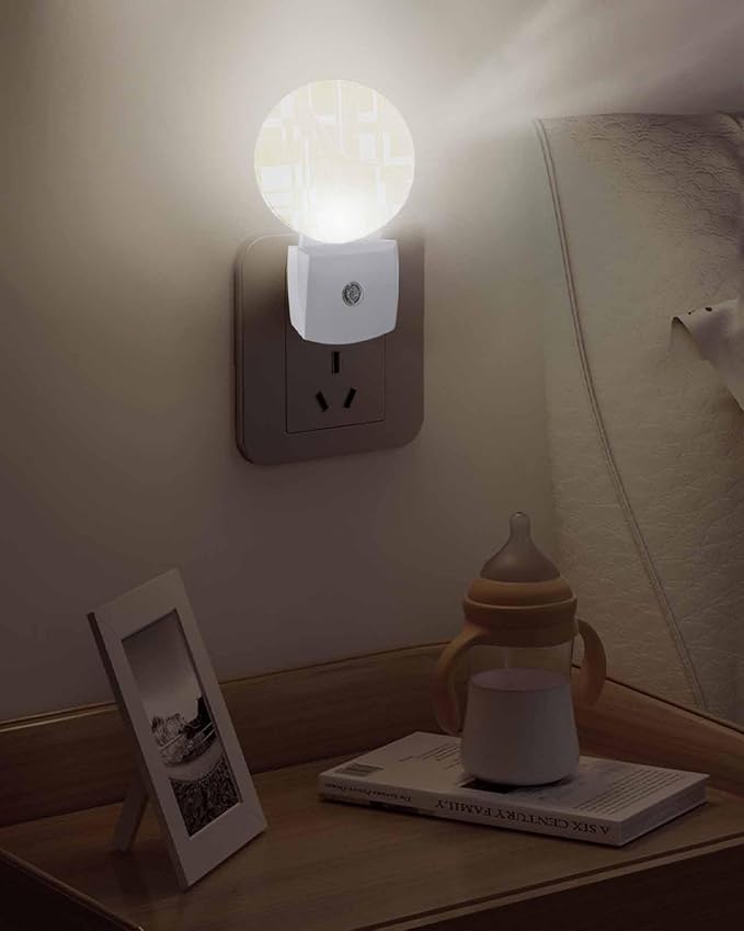Night Lights Auto Sensor Beige Lines Night Light Modern Abstract Art Round Lamp Plug-in LED Nightlights Dusk to Dawn for Living Room Bedroom Bathroom Hallway Wall Decor