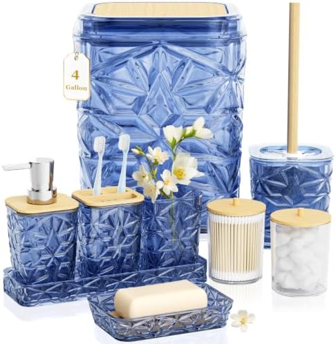 Bathroom Accessory Set, 9-Piece Blue Bathroom Set with Trash Can, Toilet Brush, Soap Dispenser, Soap Dish, Toothbrush Holder, Tumbler, Q-tip Holders & Tray, for Hotel/Apartment, Housewarming Gift by Unknown