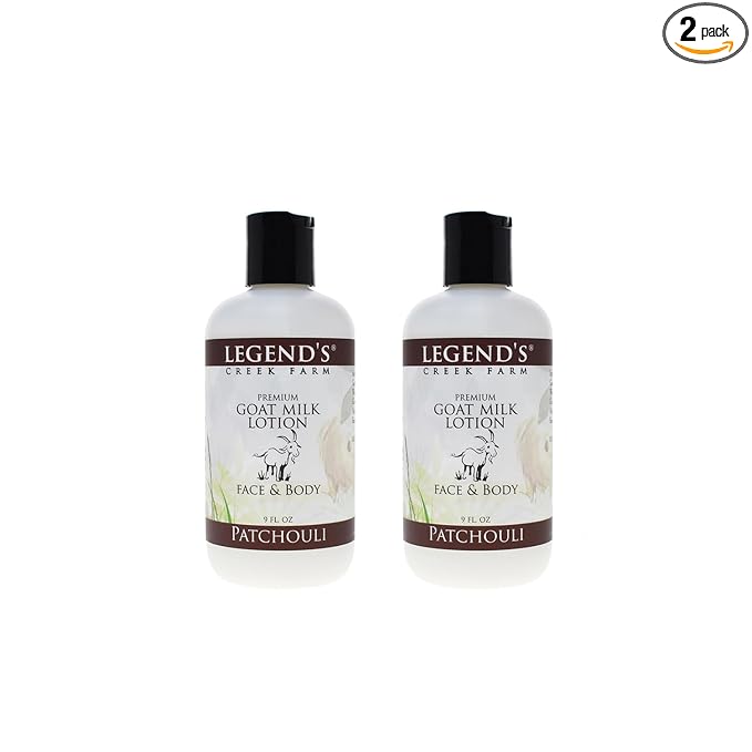Legend's Creek Farm Goat Milk Lotion - Deeply Moisturizing Goat Milk Body Lotion for Body, Hand & Face - 9 oz Body Moisturizer with Shea Butter, Sunflower Oil, Aloe (2-Pack, Patchouli)