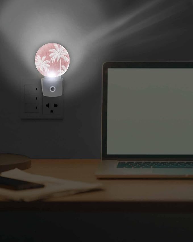 Night Lights Auto Sensor Tropical Palm Trees Night Light Rose Pink Linen Coastal Round Lamp Plug-in LED Nightlights Dusk to Dawn for Living Room Bedroom Bathroom Hallway Wall Decor