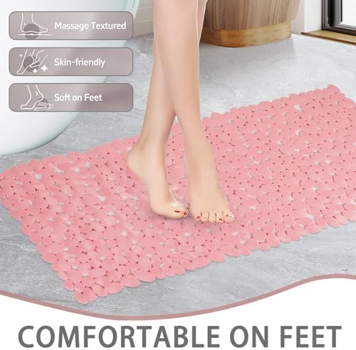 Pebble Shower Mat for Bathtub Non Slip Mat 35"X16" with Suction Cups,Pink - Image 4