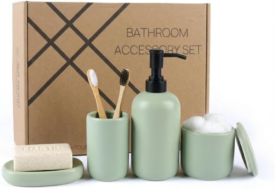 Ava Nord Modern Minimalist Ceramic Bathroom Accessories | Set of 4 | Green - Image 7