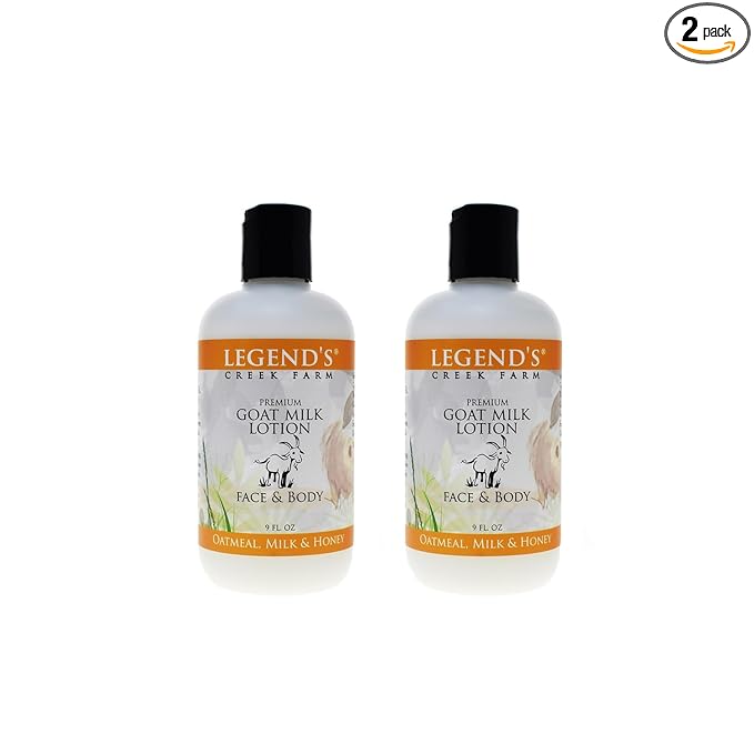 Legend's Creek Farm Goat Milk Lotion - Moisturizing Goat Milk Body Lotion for Body, Hand & Face - 9 oz Body Moisturizer with Shea Butter, Sunflower Oil, Aloe (2-Pack, Oatmeal, Milk & Honey)