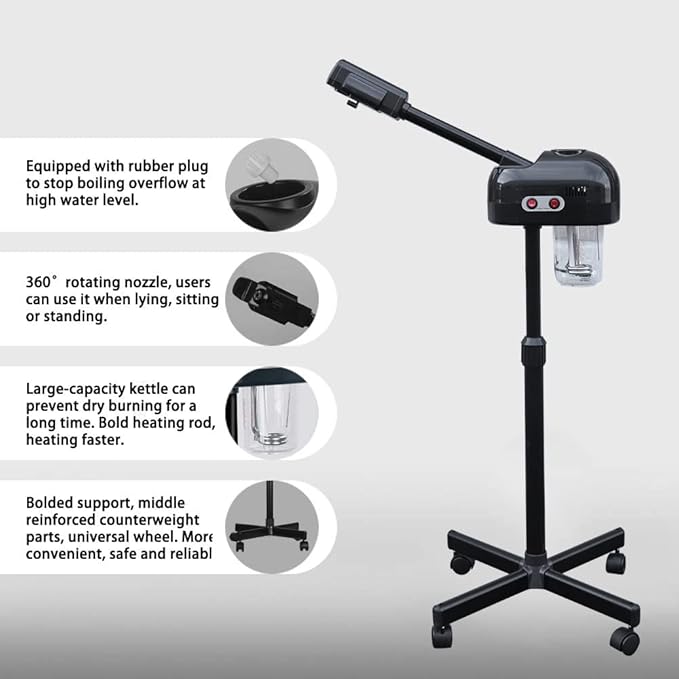 LCD Ozone Facial Steamer, Professional Salon Spa Steamer Beauty Equipment, Spray 107.6℉ Warm Steam, 360° Rotatable Nozzle, Timer Function, Adjustable Height, Rolling Wheels