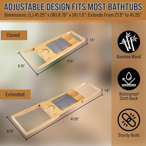 Bamboo Bathtub Caddy Tray with Extending Wood Sides -Fits Any Bath, Hot Tub and Jacuzzi - Image 3