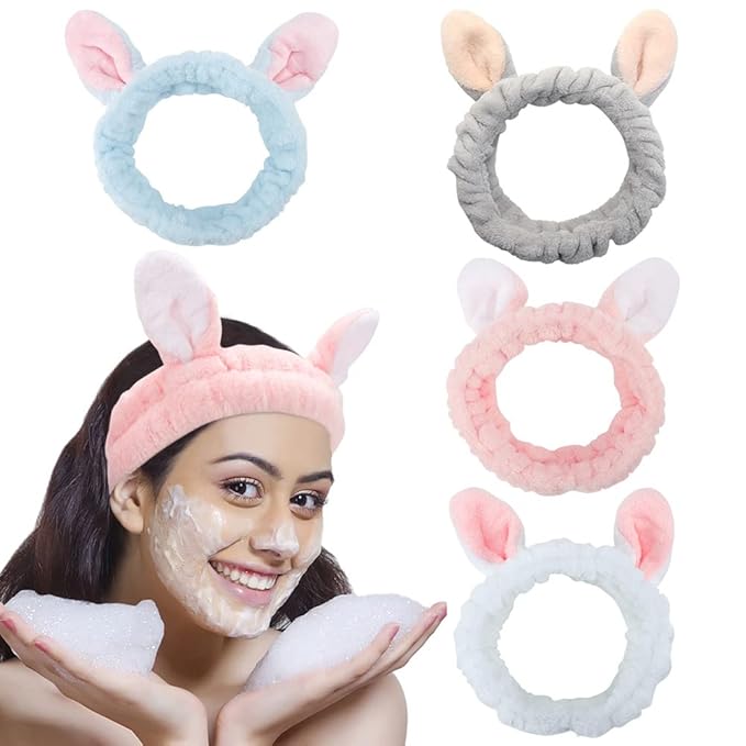 AHONEY Bunny Ears Headband, 4Pcs Skin Care Headbadns Fuzzy Headband for Washing Face Kawaii Makeup Cute Headbands Coral Fleece Elastic Hair Band Easter Bunnies Cosmetic
