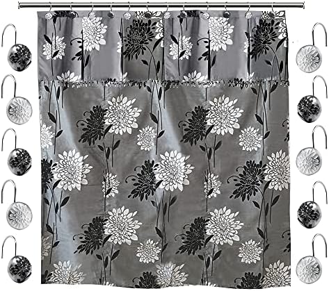 Zahari Home 13pc Erica Bathroom Fabric Shower Curtain Sets Bathroom Shower Curtain & 12 Shower Bathroom Hooks Modern Classic Luxury Contemporary Decor Grey Shower Curtain Stylish Bath Sets by ZahariHome