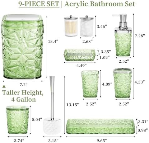 Bathroom Accessory Set, 9-Piece Green Bathroom Set with Trash Can, Toilet Brush, Soap Dispenser, Soap Dish, Toothbrush Holder, Tumbler, Q-tip Holder, Tray, for Hotel/Apartment, Housewarming Gift - Image 2