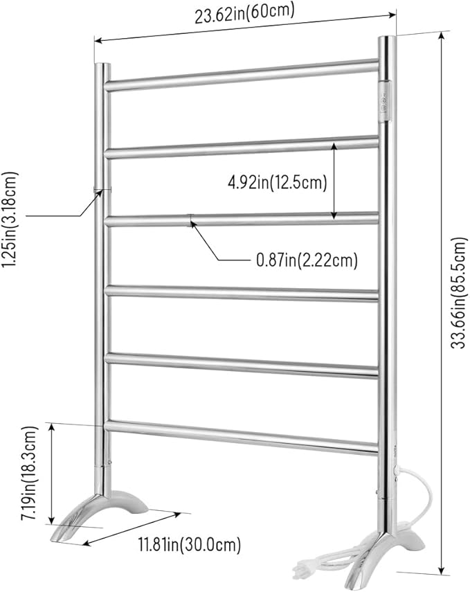 Freestanding Towel Warmer 6 Bars Plug-in Option 3 Working Modes Mirror Polished Stainless Steel 24”W 34”H