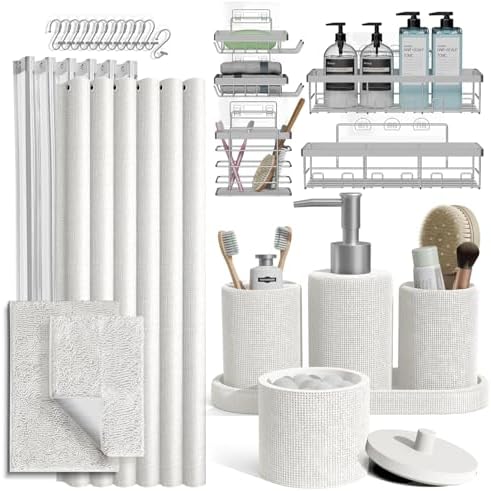 Clara Clark White Bathroom Set - Bathroom Sets with Shower Curtain and Rugs, 26PC Bathroom Accessory Set, Shower Curtain Set with Adhesive Corner Shower Caddy Hanging & Soap Dispenser by ClaraClark