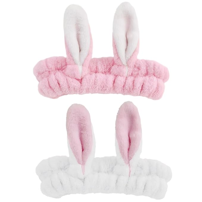 musejoy 2 Pcs Headband Bunny Ears Headband, Cute Spa Headbands for Washing Face Skincare Makeup Headbands for Women Girls Trendy Stuff Present Soft Coral Fleece Hair Accessories(White+ Pink)