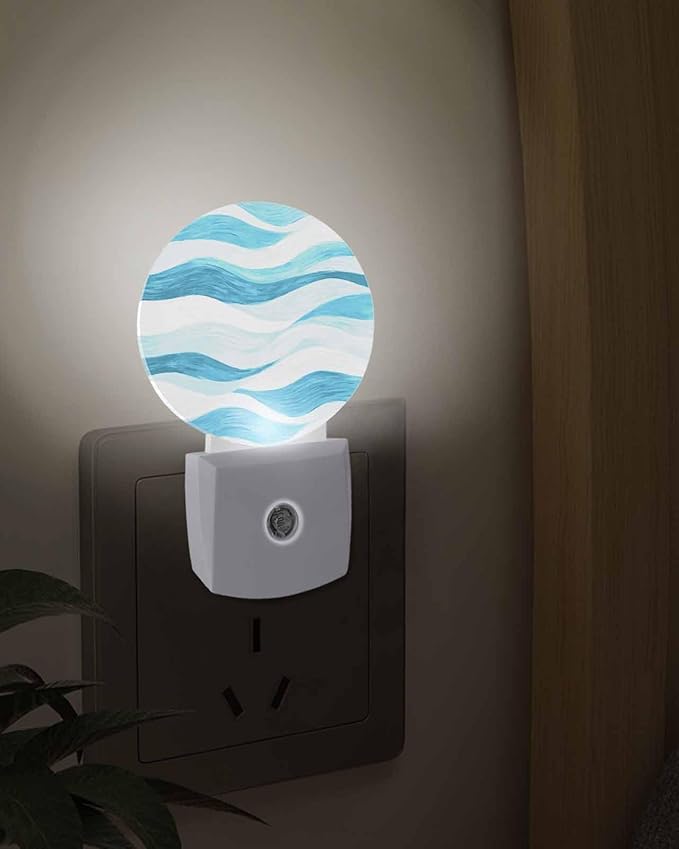 Night Lights Auto Sensor Teal Blue Ocean Waves Night Light Abstract Mountain Stripes Round Lamp Plug-in LED Nightlights Dusk to Dawn for Living Room Bedroom Bathroom Hallway Wall Decor
