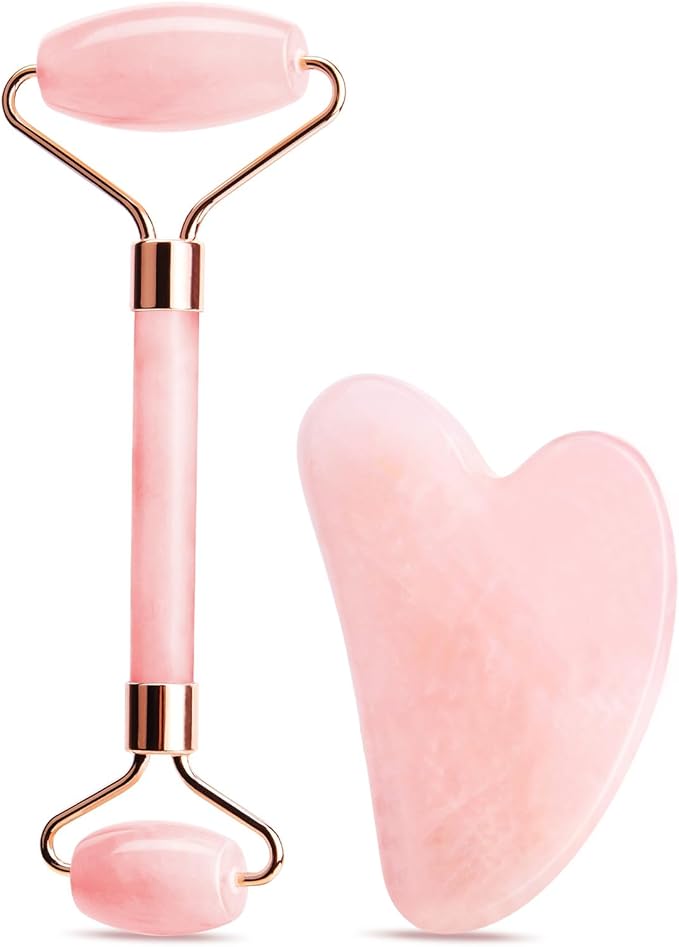 URAQT Gua Sha Facial Tools & Jade Roller Set for Face Guasha Tool for Face Ice Roller for Skin Care Gua Sha Stone Board Set for Reduce Puffiness and Improve Wrinkles Self Care Gifts(Pink)