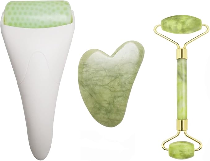 Chikoni 3 in 1 Ficial Face Ice Jade Roller and Gua Sha Tool, Natural Real Jade Anti-Wrinkle Face Eye Neck Massager Tool, Reduce Wrinkles, Puffiness, Migraine, Redness, Pain and Injury