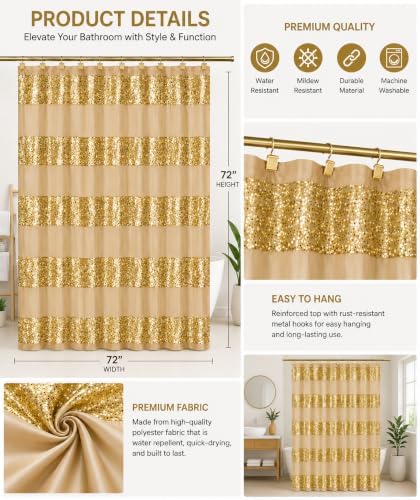 Zahari Home 13pc Sinatra Bathroom Shower Curtain Set - Gold Curtain & 12 Champagne Hooks - Luxury Fabric Bling Unique Beautiful Set - Image 6