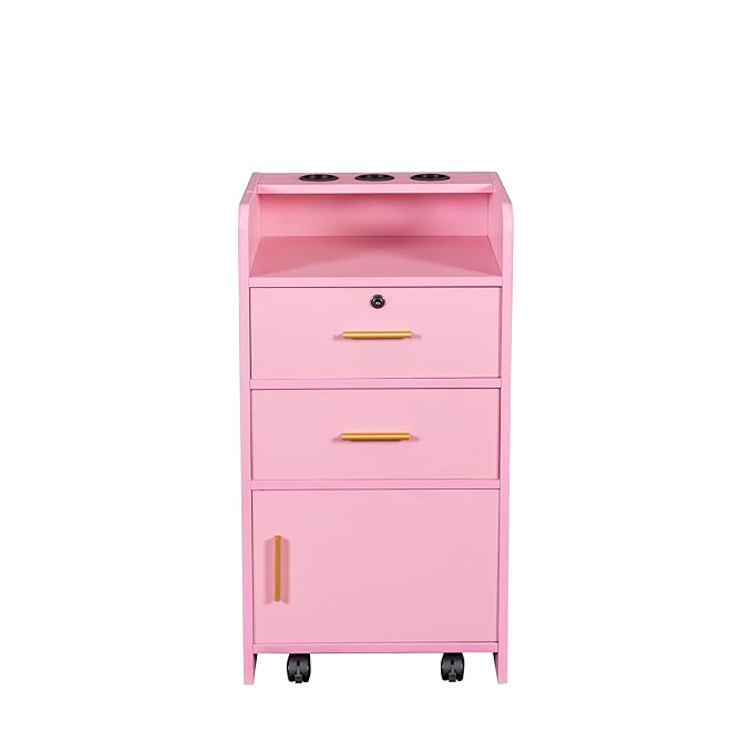 SSLine Modern Salon Station Pink Floor Stand Styling Sation Wood Salon Cabinet for Hair Stylist Barber Shop Classic Beauty Spa Storage Table with Drawers,Cupboard and Tool Insert Holes