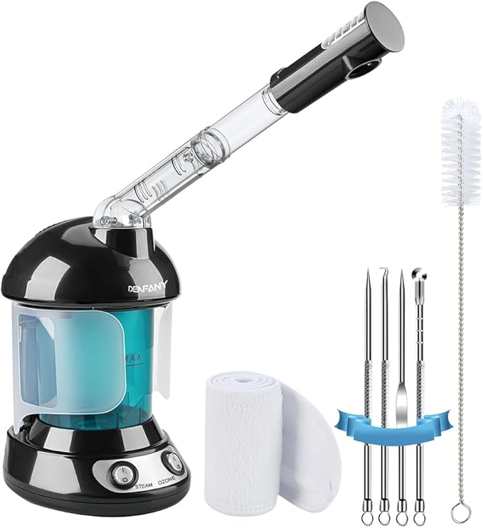 Facial Steamer - DENFANY Nano Ionic Face Steamer with Extendable 360° Rotating Arm - Portable Facial Steamer for Personal Care at Home or Salo （Black）