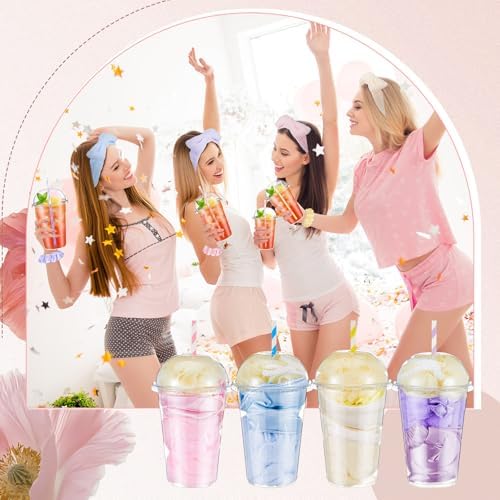 Nitial 56 Pcs Spa Party Supplies Including Spa Headband Sleep Eye Mask Velvet Scrunchies Bath Loofah Sponges Plastic Cup with Lids Straws for Sleepover Slumber Party Gift (Pink Purple Blue Yellow) - Image 4