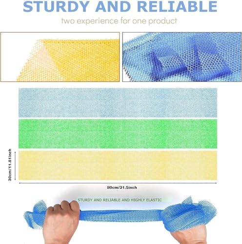 UJFQBH 3 Pieces African exfoliating net African Net Long Net Bath Sponge Exfoliating Shower Body Scrubber Back Scrubber Skin Smoother,Great for Daily Use (Yellow, Green, Blue) - Image 3