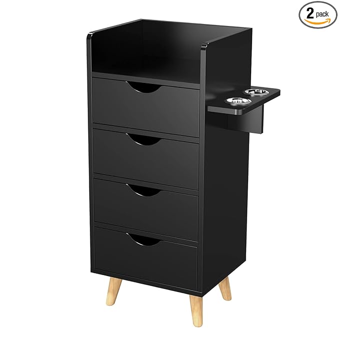 OmySalon 4 -Layer Salon Storage Cabinet,Beauty Barber Salon Styling Station Organizer Equipment,Hair Stylist Station Set with 2 Hair Dryer Holders，4 Drawers and Raised Table Legs, Black