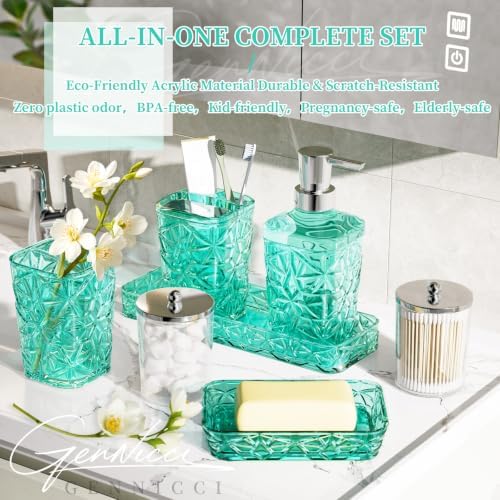 Bathroom Accessory Set, 9-Piece Teal Bathroom Set with Trash Can, Toilet Brush, Soap Dispenser, Soap Dish, Toothbrush Holder, Tumbler, Q-tip Holders & Tray, for Hotel/Apartment, Housewarming Gift - Image 4
