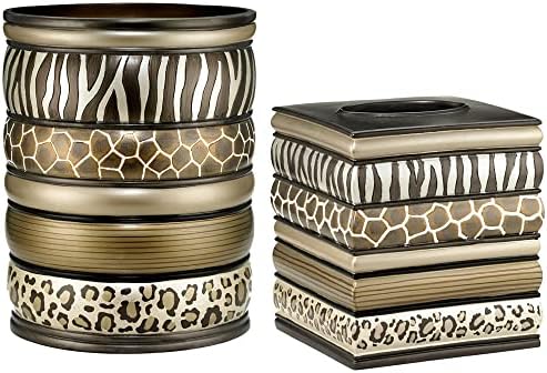 Zahari Home 2pc Safari Stripes Modern Bath Accessories Set Waste Basket & Tissue Box Modern Classic Contemporary Decorative Beautiful Designs Bathroom Decor Set for Home Luxury Bathroom Sets by ZahariHome