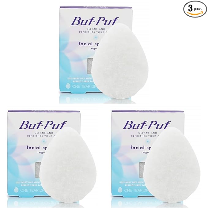 Buf-Puf Facial Sponge, Exfoliating | Dermatologist Developed | Reusable | White | Pack of 3