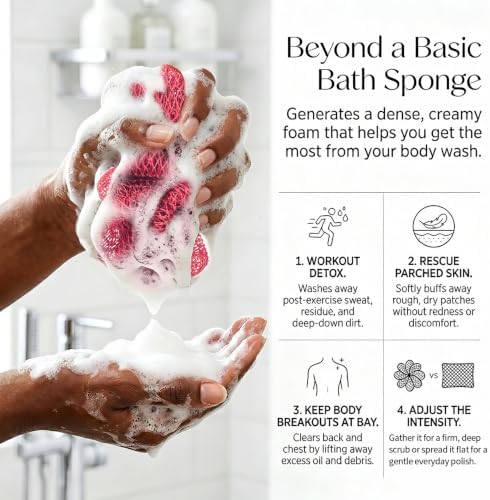 UJFQBH African Net Sponge Authentic 3 Pack, the Gentle Exfoliating Body Scrubber that Unclogs Pores, Reaches Your Back, Dries Fast, and Leaves Skin Smooth Day After Day（Magenta, yellow, emerald green） - Image 3