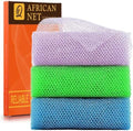 UJFQBH 3 Pieces African exfoliating net African Net Long Net Bath Sponge Exfoliating Shower Body Scrubber Back Scrubber Skin Smoother,Great for Daily Use (Purple, Blue, Green) by BuyNow