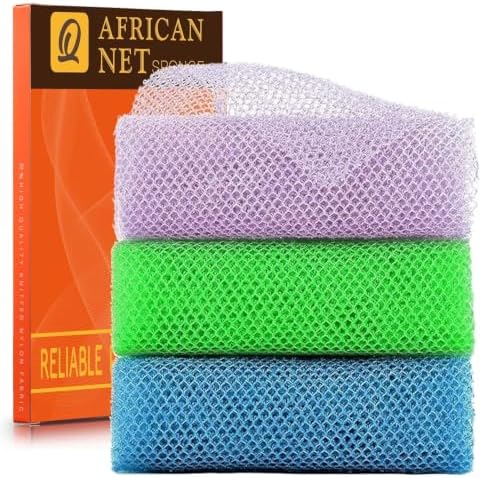 UJFQBH 3 Pieces African exfoliating net African Net Long Net Bath Sponge Exfoliating Shower Body Scrubber Back Scrubber Skin Smoother,Great for Daily Use (Purple, Blue, Green) by BuyNow